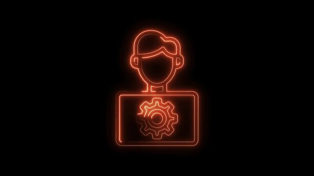 Neon technician icon engineering automation system integration and technical support on dark background