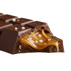 Gourmet dark chocolate bar torn open, revealing richly oozing golden salted caramel, glistening sea salt flakes, cinematic studio light, low-angle on transparent. Concept of decadent indulgence