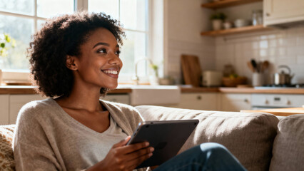 Happy woman holding tablet and smiling in bright modern kitchen interior