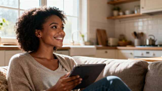 Happy woman holding tablet and smiling in bright modern kitchen interior - Powered by Adobe