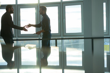 Two bearded businessmen greeting each other in conference hall. They standing on plastic windows...