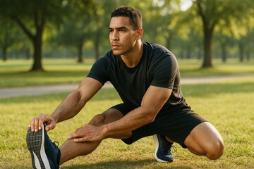 Focused athletic man stretching leg outdoors in park during sunrise wearing black sportswear, surrounded by green trees and soft morning light. Ai generative