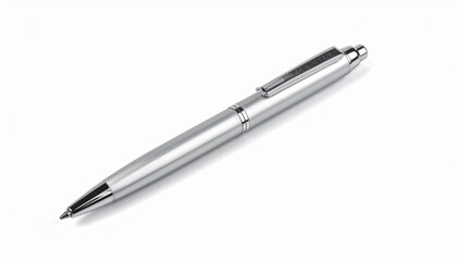 Describe a silver ballpoint pen with a retractable tip, side clip, and grooved grip against a plain background. Highlight its sleek design, professional appeal, and writing utility.