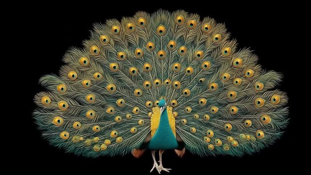 Magnificent peacock displaying vibrant iridescent tail feathers with intricate eyespots against a stark black background, full fan