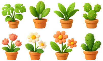 Collection of Eight Stylized Potted Plants with Cartoonish Style on Black Backgrounds flowers cactus isolated on a transparent background