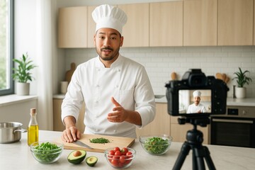 Male chef filming cooking tutorial in bright kitchen studio with fresh vegetables on counter, giving culinary instructions to camera. Ai generative