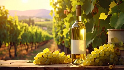 Fototapeta premium Describe a white wine bottle with blank label in a sunlit vineyard. Highlight golden hue, lush grapevines, rolling hills, and rural charm for themes of winemaking, branding, and scenic beauty.