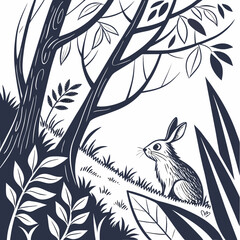 A charming black and white illustration of a cute rabbit sitting in a grassy forest clearing surrounded by stylized trees and foliage