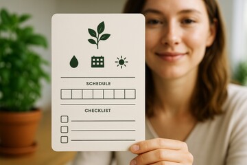Woman holding plant care schedule and checklist card with icons for water, sunlight, and calendar in bright indoor setting. Ai generative. Ai generative