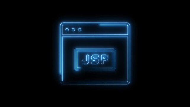 Animated java server pages window icon with neon glow in blue against black backdrop