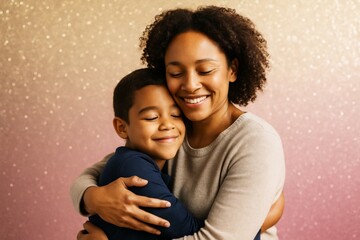 Fototapeta premium Mother and son hugging with joyful expressions against sparkling abstract light background in warm tones of gold and pink. Ai generative