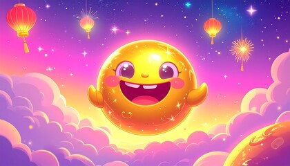 Fototapeta premium Joyful golden character in fantasy sky with lanterns and stars