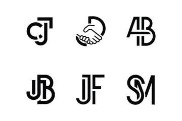 Various lettermark logos displayed in black on a white background design