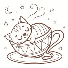 Adorable cartoon cat sleeping cozily inside a warm cup of tea with steam rising and stars and moon in the night sky