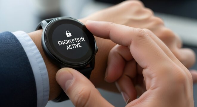 Man using smartwatch with "Encryption Active"" message. Digital security and data privacy. Cybercrime protection concept for business."