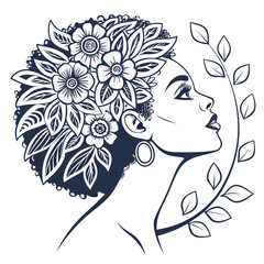 Elegant black woman with afro hairstyle adorned with flowers and leaves profile view symbolizing beauty nature and grace