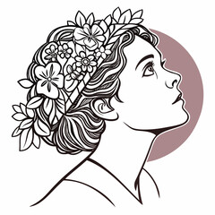Elegant line art illustration of a woman s profile adorned with a crown of delicate flowers and leaves against a soft circular background