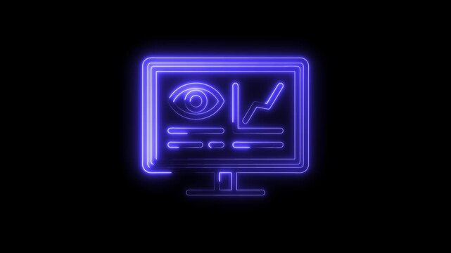 Glowing neon computer screen displaying data analytics and eye icon on black background