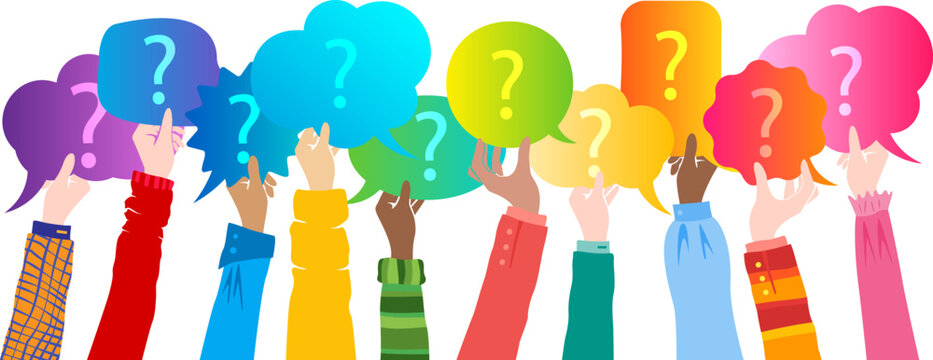 Human hands up and holding speech bubbles with questions marks. Vector horizontal border with colorful decoration elements.