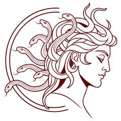 Stylized profile illustration of medusa with snakes for hair in a circular frame ancient greek mythology character dark red outline on white background vector art