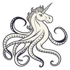 Obraz premium Whimsical creature illustration of a mythical unicorn head and neck seamlessly transitioning into a swirling octopus body with numerous tentacles and suckers on a clean white background