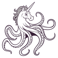 Whimsical unicorn with octopus tentacles a mythical creature design with flowing mane and spiraling arms perfect for fantasy art and unique illustrations