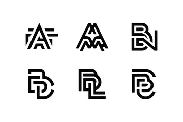 Collection of six distinct letter based logo designs in black and white style