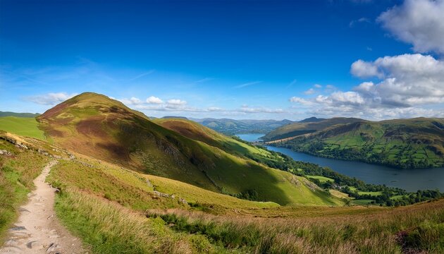 Panoramic Landscape Of Catbells Fell With A Visible Hiking Trail Leading To The Summit Surrounded By Neighboring Rolling Hills And Overlooking Derwentwater Lake