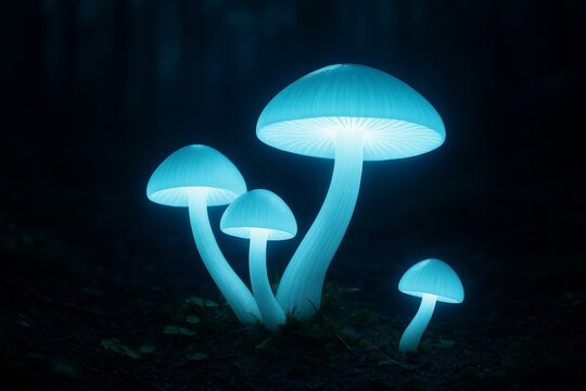 Glowing blue mushrooms illuminating a dark forest floor in surreal fantasy style, evoking a magical bioluminescent night scene concept. Ai generative