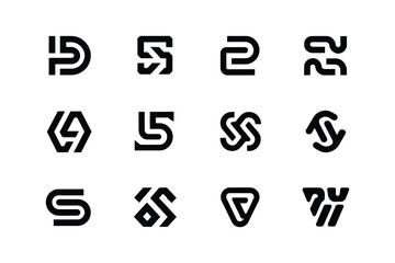 Collection of twelve black and white minimalist geometric letter logos design
