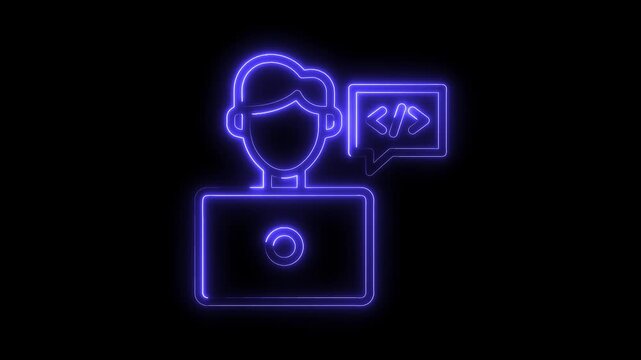 Neon programmer icon with laptop and code illustration for software development and technology