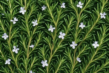Fototapeta premium Seamless pattern of rosemary herb with green needle-like leaves and small white flowers in soft light on dark background. Botanical concept illustration. Ai generative