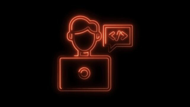 Glowing neon code developer with laptop icon animated on black background for technology