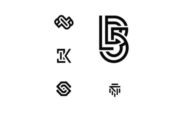 A collection of six unique black and white minimalist logo designs on white