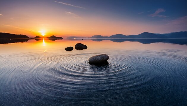 Photo Of A Stone Skipping On Calm Water Beautiful Sunset Around Circles On The Water