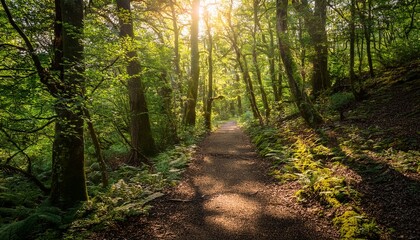 Obraz premium A Path Through A Dense Sun Dappled Forest