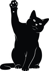Cat silhouette, raised paw, waving gesture, black feline, sitting pose, beckoning cat, Japanese icon, lucky charm, pet vector, animal graphic