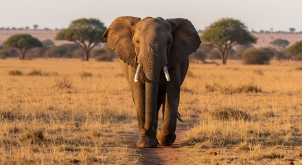 Majestic african elephant walking across savanna during golden hour safari adventure