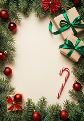 Christmas presents arranged on a cream background