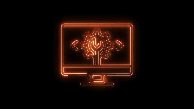 Neon style software development concept glowing computer screen with gear and wrench