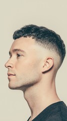 Fototapeta premium Young man with stylish haircut posing against a plain background in a relaxed manner.
