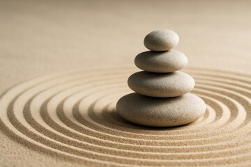 Zen garden with stacked pebbles on raked sand background symbolizing balance and harmony in a calm light setting. Ai generative. Ai generative