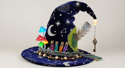 Whimsical wizard hat costume party accessory magical cosplay hat with mushrooms and potion bottles decor