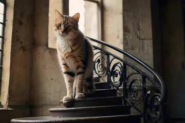 cat sitting on the roof on stairs in the house, looking beautiful cat sitting on stairs in the house, pet, cat