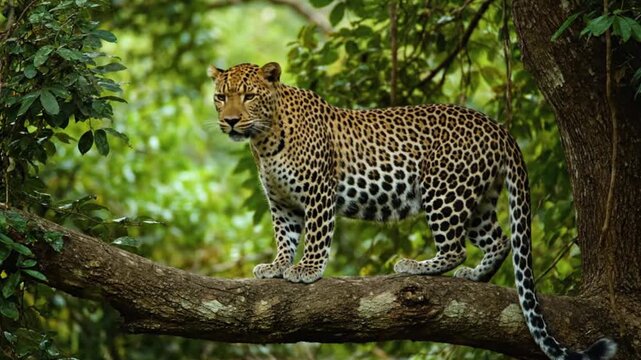 A leopard perches on a tree branch amidst dense foliage