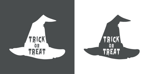 Logo con texto manuscrito trick or treat con silueta de sombrero de bruja para felicitaciones y tarjetas de Halloween © teracreonte