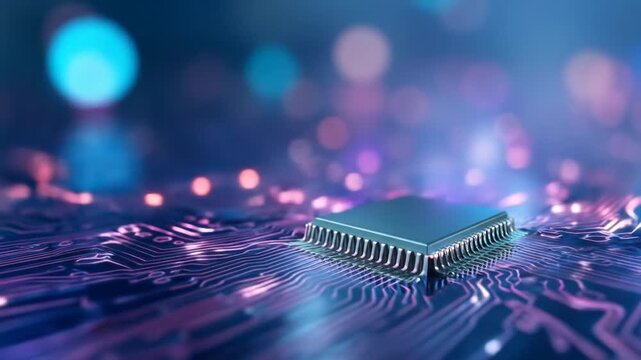 Advanced microchip on a glowing circuit board, symbolizing cutting-edge computing, AI, and digital innovation in a futuristic blue environment.