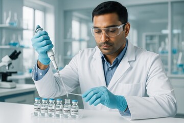 Scientist in lab coat handling vaccine vials with pipette in sterile laboratory environment with glassware and microscope in background. Ai generative