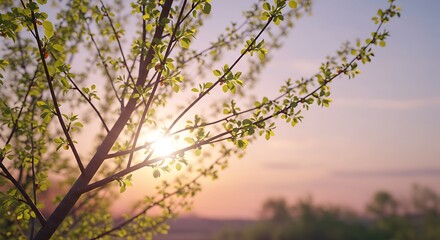 Obraz premium Spring tree with slender branches and fresh leaves, pastel dusk sky, soft sunlight through leaves