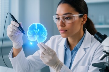 Female scientist examining holographic brain with stylus in futuristic laboratory environment wearing gloves and lab coat using light technology concept. Ai generative